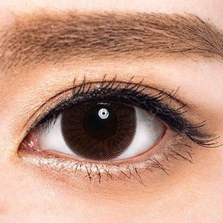 Close-up shot of a model eye wearing Lacelle Dazzle Ring Glittering Brown colored contact lens in one eye that is naturally dark-brown with natural eye make up and long lashes - EyeCandys