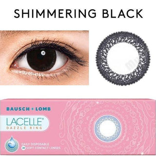 Collage showing Close-up shot of a model eye wearing Lacelle Dazzle Ring Shimmering Black colored contact lens in one eye that is naturally dark-brown with natural eye make up and lashes, Single Lacelle Dazzle Ring Shimmering Black contact lens on a white surface showing the pixel detail, and the box or packaging of Lacelle Dazzle Ring Shimmering Black 30 soft contact lenses