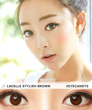 Angled profile view of a female Asian model with dark eyes wearing the Lacelle Tender Brown contact lens. While a separate illustration detailed photograph focuses on the eyes of a model, showcasing the Lacelle Tender Brown color contact lenses prominently. This is accompanied by natural eyeshadow and black eyeliner
