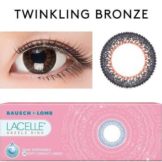 Collage showing Close-up shot of a model eye wearing Lacelle Dazzle Ring Twinkling Bronze colored contact lens in one eye that is naturally dark-brown with natural eye make up and lashes, Single Lacelle Dazzle Ring Twinkling Bronze contact lens on a white surface showing the pixel detail, and the box or packaging of Lacelle Dazzle Ring Twinkling Bronze 30 soft contact lenses