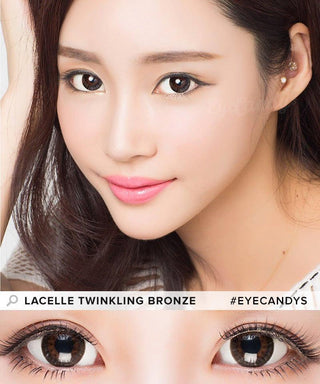 Angled profile view of a female Asian model with dark eyes wearing the Lacelle Dazzle Ring Twinkling Bronze contact lens. While a separate illustration detailed photograph focuses on the eyes of a model, showcasing the Lacelle Dazzle Ring Twinkling Bronze color contact lenses prominently. This is accompanied by natural eyeshadow and long eyelashes - EyeCandy's