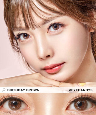 Asian model displaying Birthday brown contact lenses, featuring a close-up of eyes enhanced by the brown contacts.