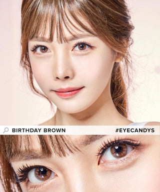 Asian model showcasing Birthday brown contact lenses, highlighting the eyes enhanced by the brown contacts in a close-up shot