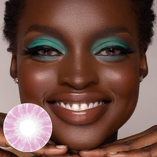 black model with dark brown eye wearing pink label shade pink