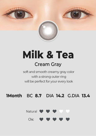 Asian model demonstrating a K-idol-inspired look with Chuu Milk & Tea Cream Grey coloured contact lenses, highlighting the instant brightening and enlarging effect of the circle contact lenses over dark irises.