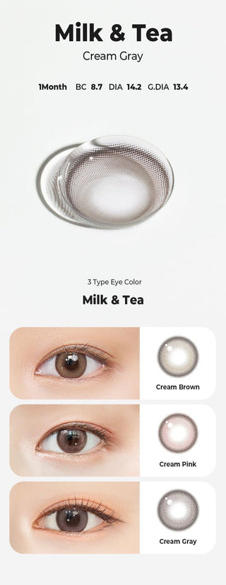 Asian model demonstrating a K-idol-inspired look with Chuu Milk & Tea Cream Grey coloured contact lenses, highlighting the instant brightening and enlarging effect of the circle contact lenses over dark irises.