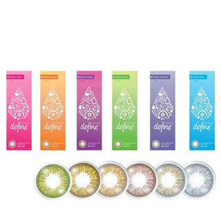  A set of Acuvue Define contact lens boxes with different colors with cutout detail of the contact lens below them showcasing stunning different colors such as Green, Brown, Beige, Choco, Grey, and Blue