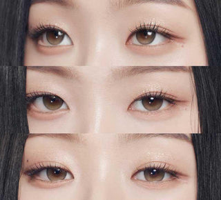 Asian model demonstrating a K-idol-inspired look with Gemhour Demeter 1-Day Ash Brown (10pk) coloured contact lenses, highlighting the instant brightening and enlarging effect of the circle contact lenses over dark irises.