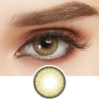 Macro shot of an eye wearing the desire sandy beige colour contact lens, showing the light color detail and natural effect on dark brown eyes, with rose gold eye makeup, with a cutout detail of the same lens below