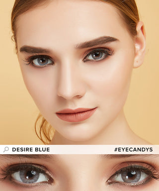 A female model with natural dark eyes wearing Desire Glacier Blue contact lenses, complemented by peach rosegold eyeshadow and peach lipstick and Close-up image showcases the model's eyes adorned with the same Blue contact lenses.