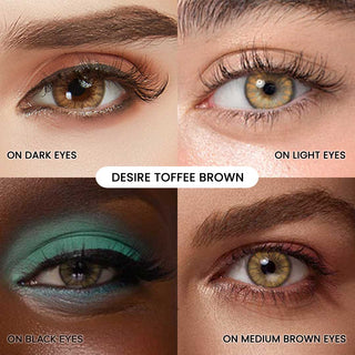 Assortment of EyeCandys desire toffee brown contact lenses on various iris colors and skintones. Clockwise (from the upper right): desire sandy beige contact lens a dark eye with smoky eye makeup, a light eye with curled lashes, a black eye with bold turquoise eyeshadow and a medium brown eye with rose gold makeup.