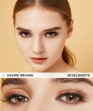 Angled profile view of a female model with brown eyes wearing the desire toffee brown contact lens, with a close up eye shot below wearing the same brown lens