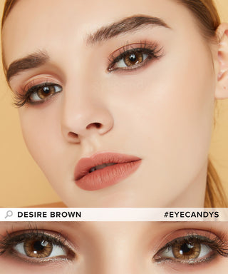 Angled profile view of a female model with brown eyes wearing the desire toffee brown contact lens, with a close up eye shot below wearing the same brown lens