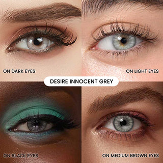 Assortment of EyeCandys Innocent white grey contact lenses on various iris colors and skintones. Clockwise (from the upper right):  Innocent white grey  contact lens a dark eye with smoky eye makeup, a light eye with curled lashes, a black eye with bold turquoise eyeshadow and a medium brown eye with rose gold makeup.