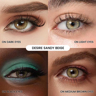 Assortment of EyeCandys desire sandy beige contact lenses on various iris colors and skintones. Clockwise (from the upper right):  desire sandy beige contact lens a dark eye with smoky eye makeup, a light eye with curled lashes, a black eye with bold turquoise eyeshadow and a medium brown eye with rose gold makeup.