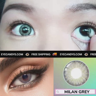 The Milan Grey colour eye contacts sliding onto naturally dark eyes
