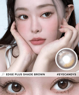 Model showcasing the natural look using i-Sha Oriana Edge Plus Shade Brown prescription colored contact lenses, above a closeup of a pair of eyes enhanced and widened by the circle lenses.
