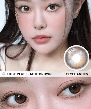 Model showcasing the natural look using i-Sha Oriana Edge Plus 1-Day Shade Brown (10pk) prescription colored contact lenses, above a closeup of a pair of eyes enhanced and widened by the circle lenses.