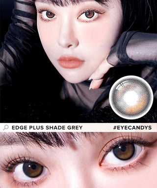 Model showcasing the natural look using i-Sha Oriana Edge Plus Shade Grey prescription colored contact lenses, above a closeup of a pair of eyes enhanced and widened by the circle lenses.