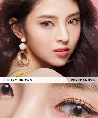 Asian Model wearing Euro Brown contact lenses color, showing the natural the bright effect on her dark brown eyes, with simple eye makeup.