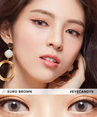 Asian Model wearing Euro Brown contact lenses color, showing the natural the bright effect on her dark brown eyes, with simple eye makeup.