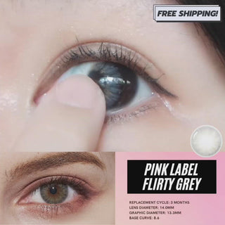 A video showcasing a model trying out Pink Label's Flirty Grey contact lenses during a trial session.
