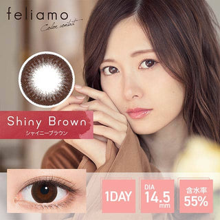 A close-up of a model demonstrating a natural makeup look with Feliamo 1-Day Shiny Brown (10pk) circle colour contacts, highlighting how well the contact lenses blend with her dark eyes.