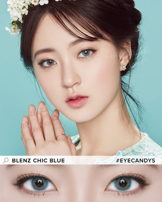 Female model wearing Blenz Chic Blue blended contact lenses with complementary neutral eyeshadow, above a close-up of her eyes enhanced with blue contacts in prescription