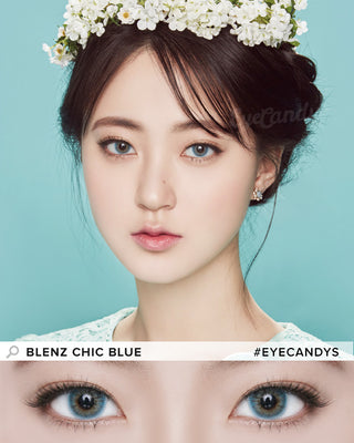 Female model wearing Blenz Chic Blue blended contact lenses with complementary neutral eyeshadow, above a close-up of her eyes enhanced with blue contacts in prescription