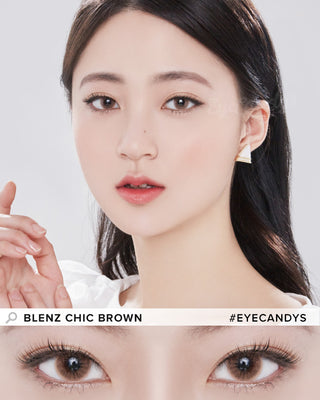 Female model wearing Blenz Chic Brown blended contact lenses with complementary neutral eyeshadow, above a close-up of her eyes enhanced with brown contacts in prescription