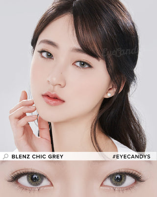 Female model wearing Blenz Chic Grey blended contact lenses with complementary neutral eyeshadow, above a close-up of her eyes enhanced with grey contacts in prescription