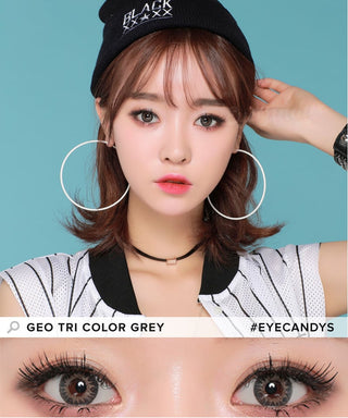 Model wearing the GEO Tri-Color Grey colored contact lenses for dark eyes, above a closeup of her eyes wearing the grey colored contacts prescription, showcasing the natural yet transformative effect and pixel-detail.
