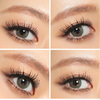 Collage  of multiple angled views of the Tri-Color Green colour contact lens worn on one eye, paired with long lashes and neutral eye makeup, showing the brightening effect of the green contact lens on a dark iris.