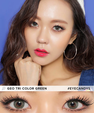 Model wearing the GEO Tri-Color green colored contact lenses for dark eyes, above a closeup of her eyes wearing the green colored contacts prescription, showcasing the natural yet transformative effect and pixel-detail.