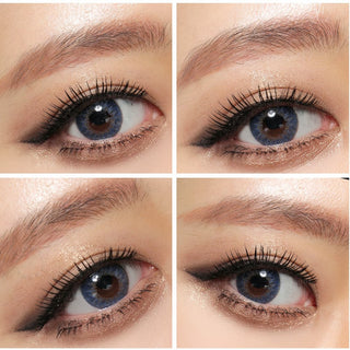 Collage  of multiple angled views of the Tri-Color Blue colour contact lens worn on one eye, paired with long lashes and neutral eye makeup, showing the brightening effect of the blue contact lens on a dark iris.