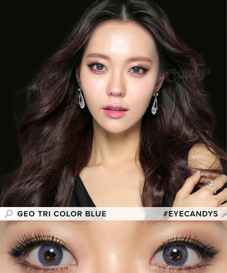 Model wearing the GEO Tri-Color Blue colored contact lenses for dark eyes, above a closeup of her eyes wearing the blue colored contacts prescription, showcasing the natural yet transformative effect and pixel-detail.