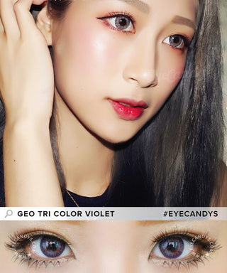 Model wearing the GEO Tri-Color Violet purple colored contact lenses for dark eyes, above a closeup of her eyes wearing the colored contacts prescription, showcasing the natural yet transformative effect and pixel-detail.