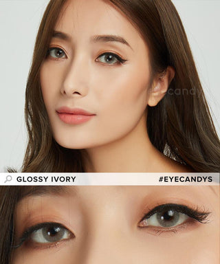 Asian model with brown hair wearing light brown contact lenses with peach eyeshadow on her naturally dark eyes, above a close-up of her eyes wearing the same lenses.