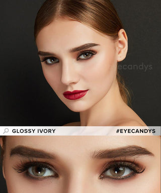 Female model wearing Glossy Ivory light brown contact lenses on her natural dark eyes, paired with smoky dark brown eyeshadow and wispy lashes, on top of a close-up of her eyes wearing the same brown contact lenses.