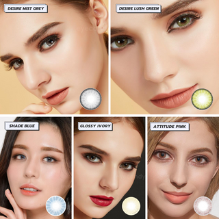 Assorted EyeCandys The G.O.A.T. Set colored contact lenses collection, women of various makeup styles wearing color contacts
