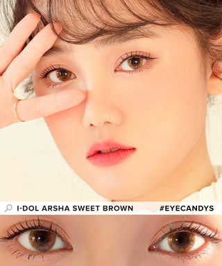 Model showcasing a Korean-beauty look using i-Dol Arsha Sweet Brown prescription contact lenses color, above a closeup showing how well the circle lenses define her dark eyes.