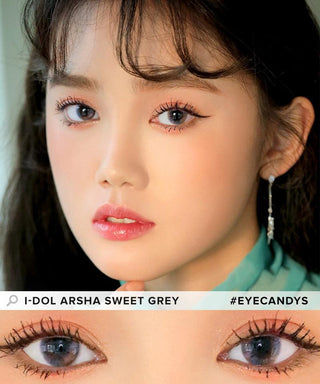 Model showcasing a Korean-beauty look using i-Dol Arsha Sweet Grey prescription contact lenses color, above a closeup showing how well the circle lenses define her dark eyes.