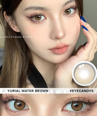 Model showcasing the realistic look using Yurial Water Brown circle contact lenses, above a closeup of a pair of eyes transformed by the brown contacts