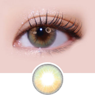 Macro shot of an eye wearing the i-Sha Arendelle Brown prescription colour contact lens, showing the multi-colored detail and natural effect on dark brown eyes, with clean eye makeup. At the bottom is the pattern of the colored lens design, showing the dotted detail and pigmentation.