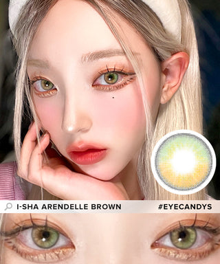 Model showcasing the natural look using i-Sha Arendelle Brown prescription colored contact lenses, above a closeup of a pair of eyes enhanced and widened by the circle lenses.