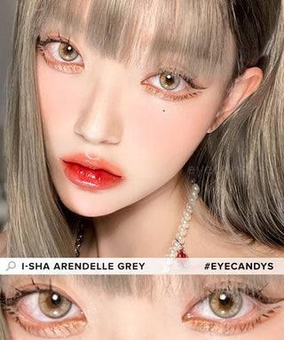 Model showcasing the natural look using i-Sha Arendelle Grey prescription colored contact lenses, above a closeup of a pair of eyes enhanced and widened by the circle lenses.