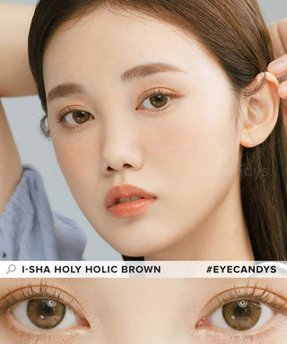 Model showcasing the natural look using i-Sha Holy Holic Brown prescription colored contact lenses, above a closeup of a pair of eyes enhanced and widened by the circle lenses.
