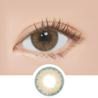 Macro shot of an eye wearing the i-Sha Holy Holic Hazel prescription colour contact lens, showing the multi-colored detail and natural effect on dark brown eyes, with clean eye makeup. At the bottom is the pattern of the colored lens design, showing the dotted detail and pigmentation.