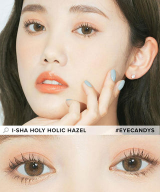 Model showcasing the natural look using i-Sha Holy Holic Hazel prescription colored contact lenses, above a closeup of a pair of eyes enhanced and widened by the circle lenses.