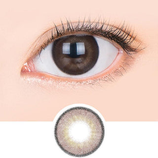 Macro shot of an eye wearing the i-Sha Jadey Gem Choco prescription colour contact lens, showing the multi-colored detail and natural effect on dark brown eyes, with clean eye makeup. At the bottom is the pattern of the colored lens design, showing the dotted detail and pigmentation.